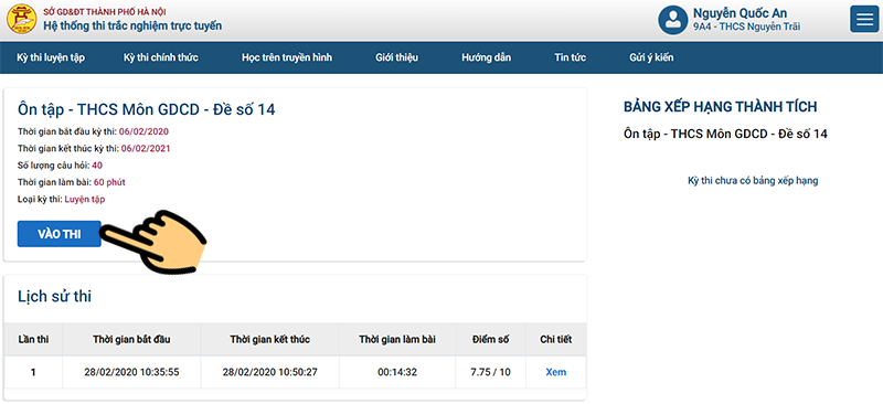 Học sinh chọn nút Vào bài thi