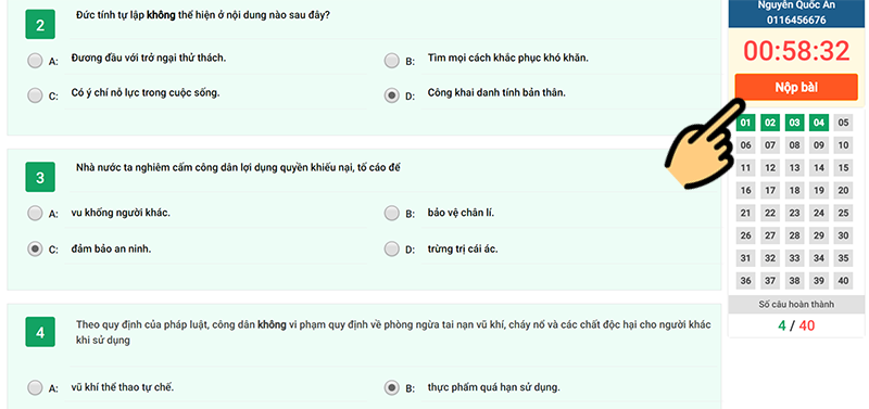 Chọn nút Gửi để hoàn thành bài kiểm tra