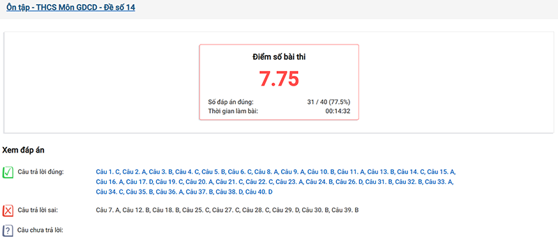 Giao diện hiển thị kết quả kiểm tra của học sinh
